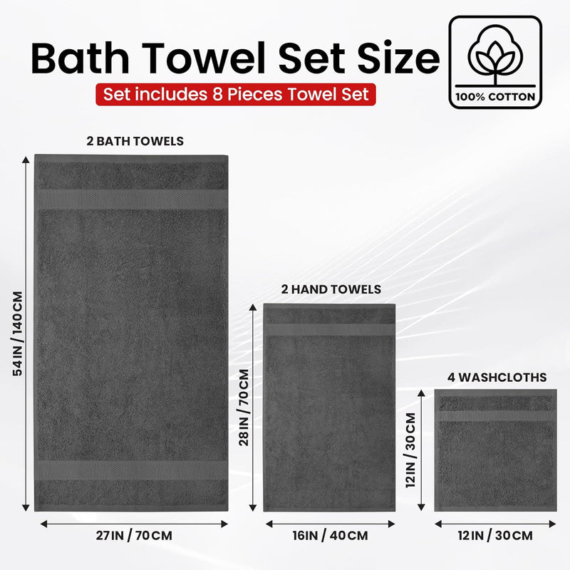 Infinitee Xclusives Premium Bath Towels Set - [Pack of 8] 100% Cotton Highly Absorbent 2 Bath Towels, 2 Hand Towels and 4 Washcloths - Hotel & Spa Quality Bath Towels for Bathroom (Shadow Grey)