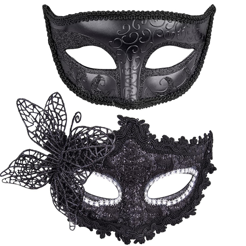 Couple Masquerade Masks Set Venetian Party Mask Plastic Halloween Costume Mask Mardi Gras Mask for Couples Women and Men, Black Silver - Butterfly Black