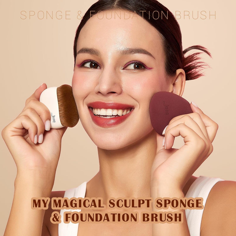 Jessup Makeup Brush Foundation Brush with Makeup Sponge 1pc Kabuki Brush for Liquid, Cream or Flawless Powder Cosmetics Face Boby Brush, T882