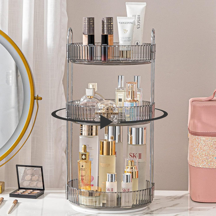 LENDIS Rotating Makeup Organizer Dressing Table 3 Tiers, Large Capacity Skin Care Transparent Makeup Storage Perfume Organizer Makeup Dresser Organizer Countertop 360 Rotation (Gray)