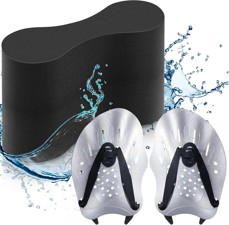 3 Pcs Swim Training Pull Buoy Swimming Hand Paddles Set Include 1 Swim Buoy 2 Swim Hand Paddles for Lap Swimming with Adjustable Straps Swim Training Equipment Kit for Adults - black, gray