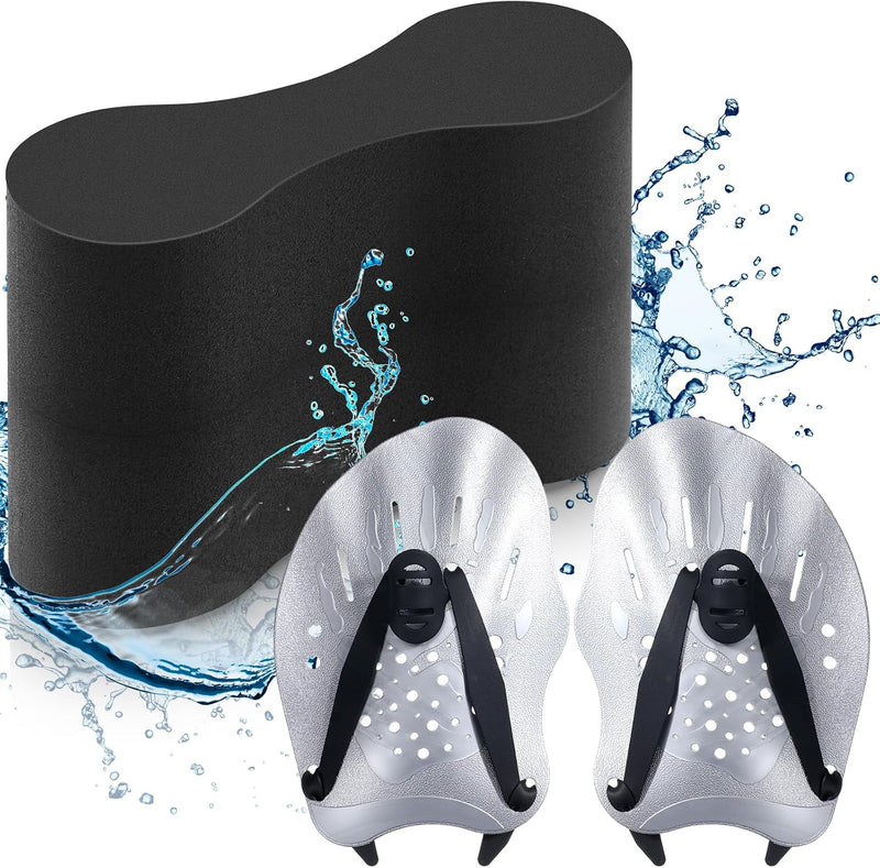 3 Pcs Swim Training Pull Buoy Swimming Hand Paddles Set Include 1 Swim Buoy 2 Swim Hand Paddles for Lap Swimming with Adjustable Straps Swim Training Equipment Kit for Adults - black, gray