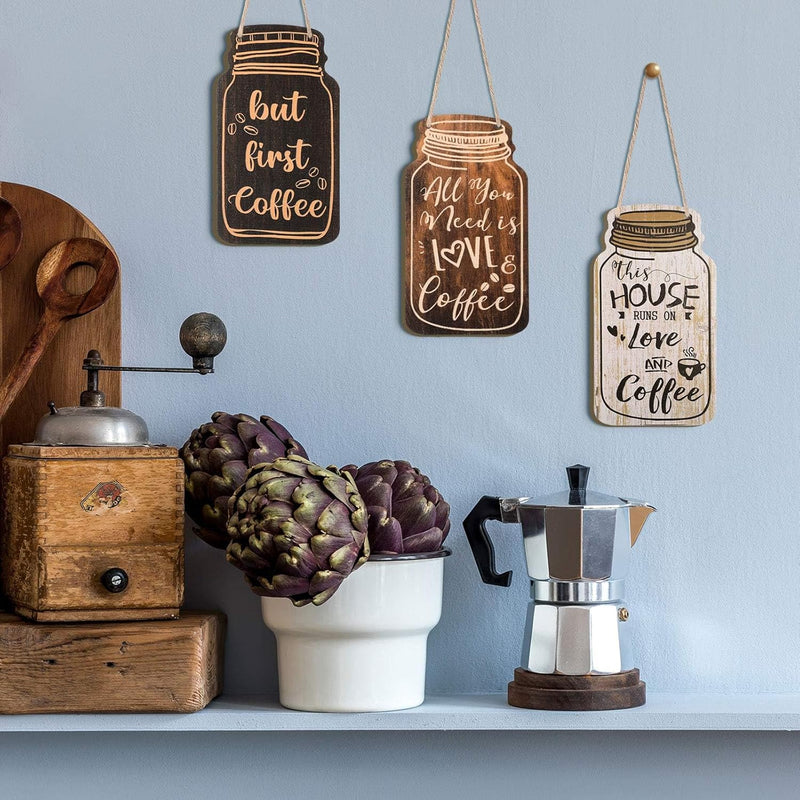 Azonee 4 PCS Coffee Bar Sign Wall Decor, Farmhouse Wood Coffee Sign Hanging Plaques for Kitchen, But First Coffee Wall Art for Tier Tray and Countertop Decoration