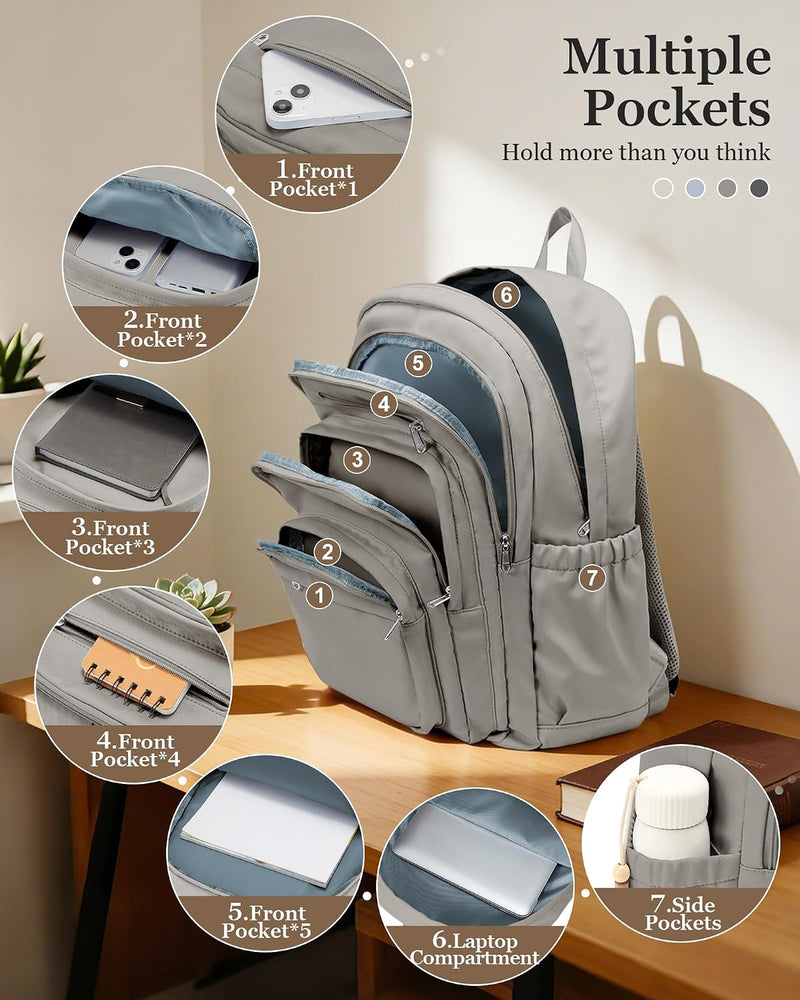 WEPOET Backpack Women Men School Backpack Large with Many Compartments Waterproof Backpack Lightweight for School Backpack Teenager Daypacks Backpack for Boys Girls, A3-grey-brown, Rucksack Backpacks