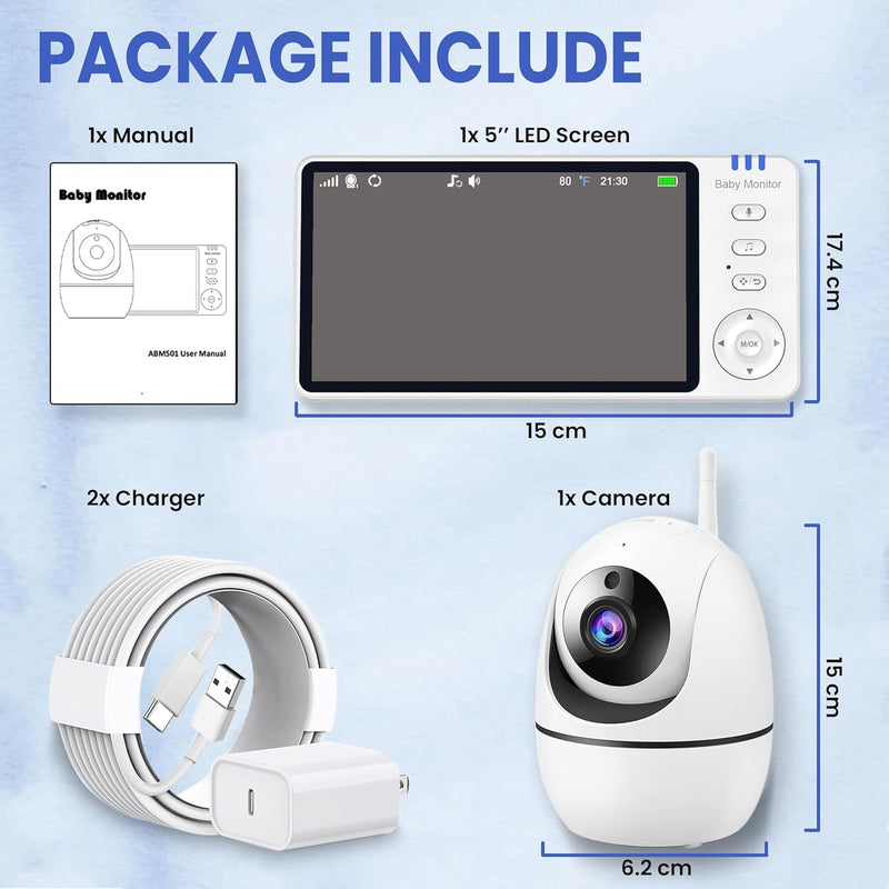 RFAQK Baby Monitor-720P 5" Baby Camera Monitors, Video Baby Monitor with Camera and Audio, Night Vision, 4X Pan-18 HOURS VOX MODE, Temperature Sensor, Baby Monitor no Wifi with Lullabies