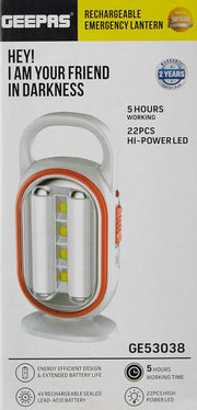 Geepas LED Emergency Lantern- GE53038 Energy Efficient Design, 22 Pieces Hi-Power LEDs, and 5 Hours Working Compact, Portable and Light-Weight Design with Stand