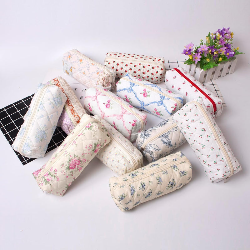 Cute Pencil Case Aesthetic Student Pouch Yellow Bow - Small Blue Flowers