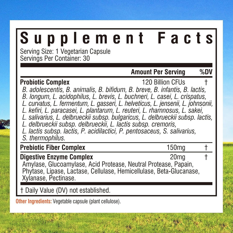 3-in-1 Probiotics 120 Billion CFUs 34 Strains with Organic Prebiotics & Digestive Enzymes - 30 Vegan Caps