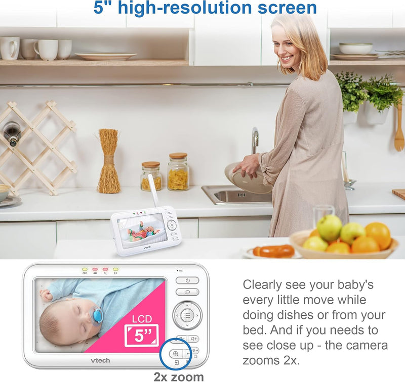 VTech [Upgraded] VM5463-2 Video Baby Monitor 5" LCD with 2 Cameras, Battery 12 Hrs. Video Mode, Pan Tilt Zoom, Color Night Light, Glow On The Ceiling Projection, Sound Activated Features, Two-Way Talk