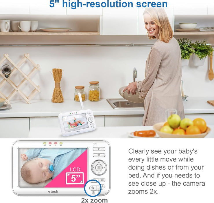 VTech [Upgraded] VM5463-2 Video Baby Monitor 5" LCD with 2 Cameras, Battery 12 Hrs. Video Mode, Pan Tilt Zoom, Color Night Light, Glow On The Ceiling Projection, Sound Activated Features, Two-Way Talk