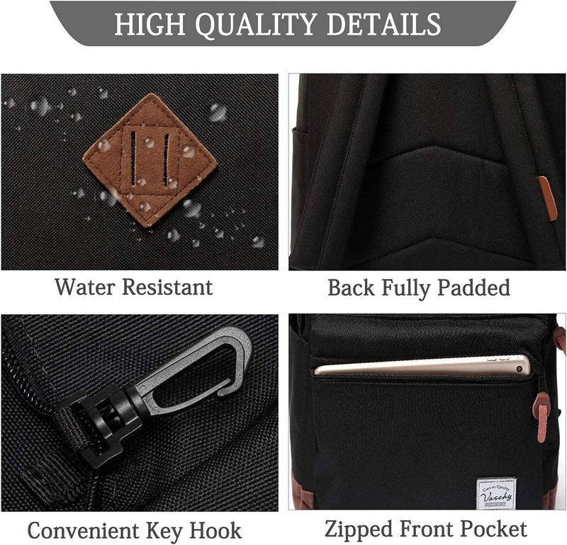 VASCHY Men's Backpack, Women's Waterproof School Bag, Boy Girl Computer 15.6 Inch Vintage for School, College, Work, Travel, Leisure