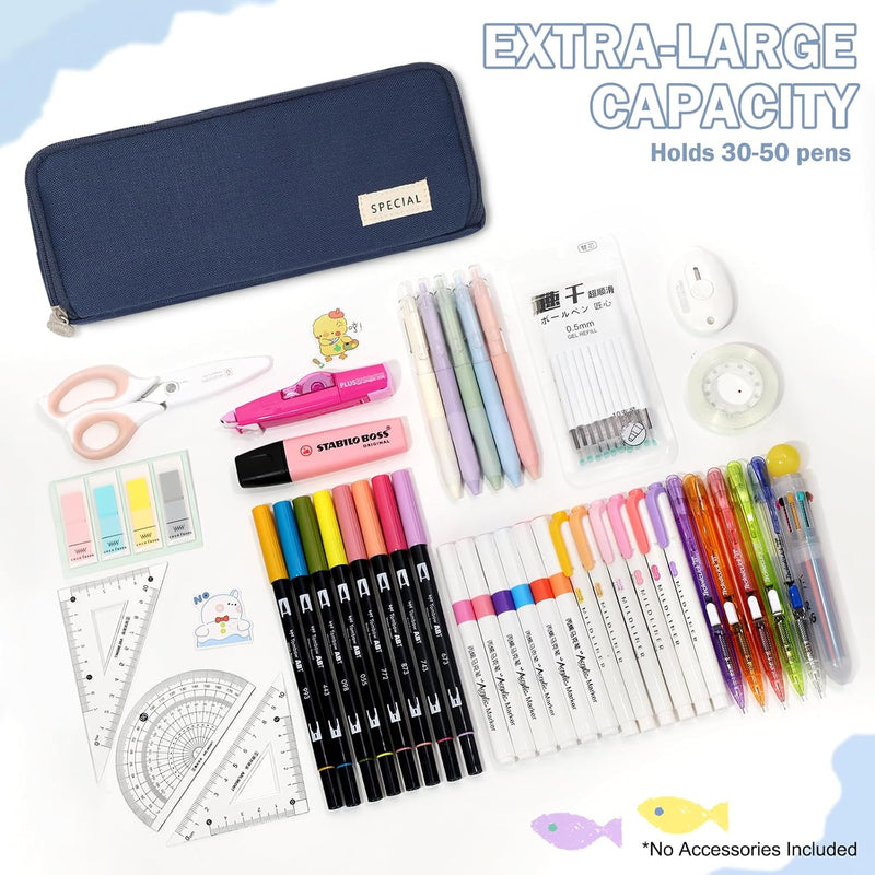 Cicimelon Pencil Case Large Capacity Pouch 3 Compartments Bag Gift For Students Girls Adults Women (Navy)
