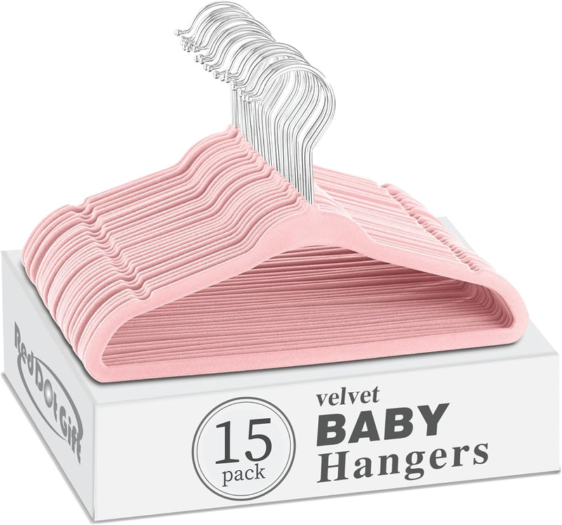 Red Dot Gift® 15-Pack Baby Velvet Hangers 11Inch - Nursery Clothes Hangers Non Slip Toddler Hangers, 360 Chrome Swivel Hook (Pink)
