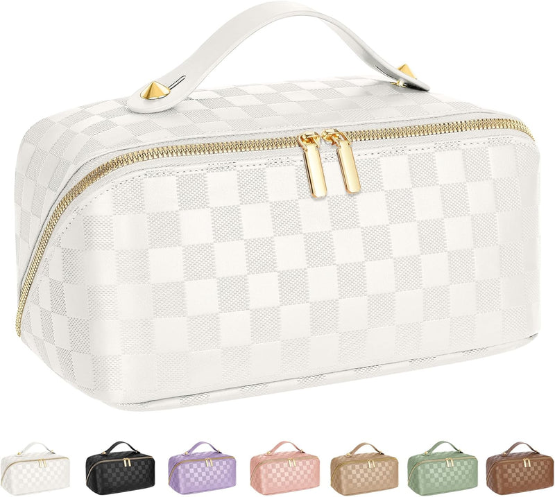 Large Capacity Travel Cosmetic Bag - Portable Makeup Bags for Women Waterproof PU Leather Checkered Makeup Organizer Bag with Dividers and Handle,Toiletry Bag for Cosmetics, brown - white