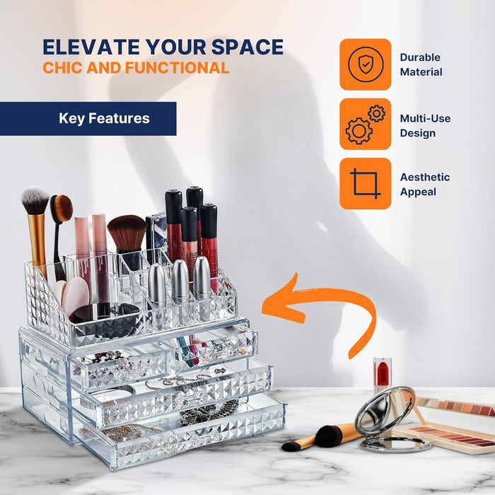 AC&L Makeup Organizer, Cosmetic Storage Display Box With 4 Drawers For Make Up, Brushes, Perfumes, Skincare All In One, Acrylic Organizer Ideal For Vanity, Dresser, Bathroom For Girls & women (Clear)