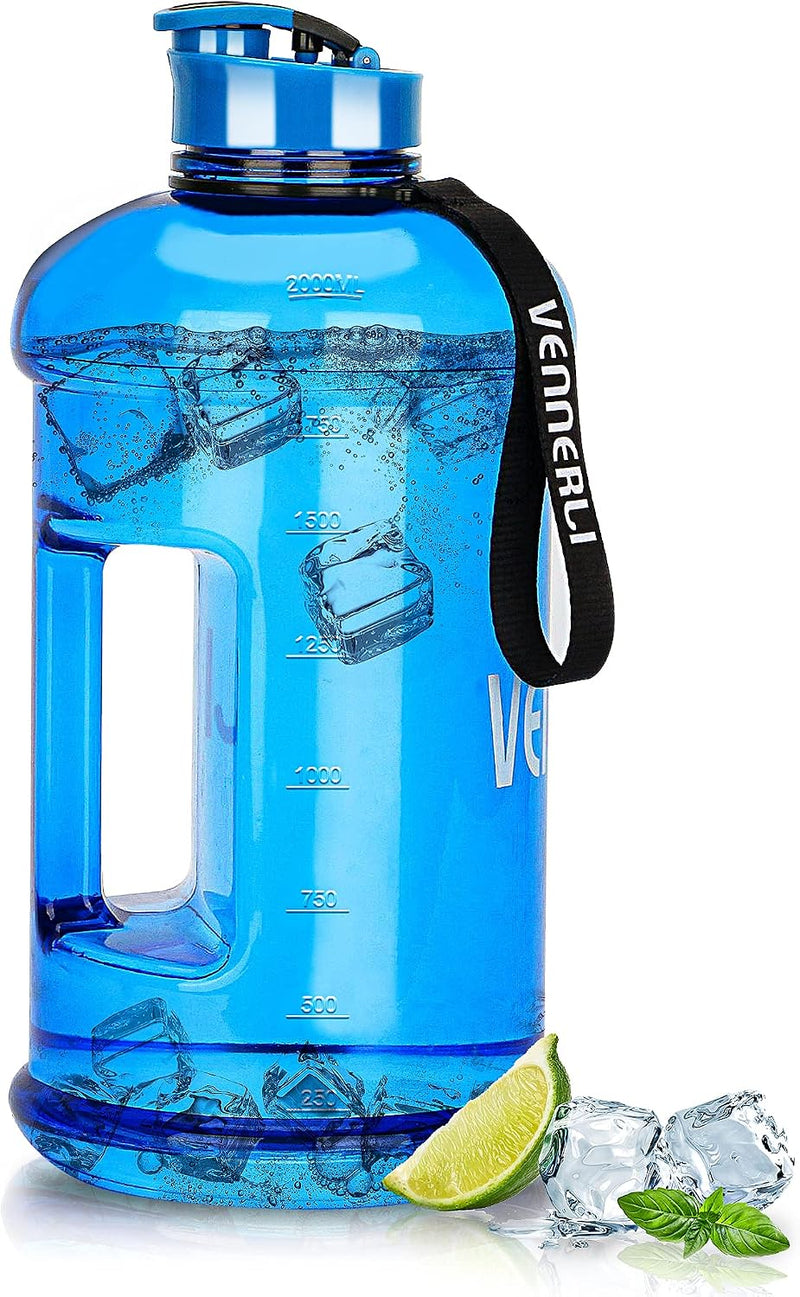 Water Bottle with Handle Portable Large Plastic Water Bottles for Adults BPA-free Half Gallon Water Bottle Reusable 2 Liter Water Jugs for Outdoor Hiking Fitness Travel Camping Cycling - Blue