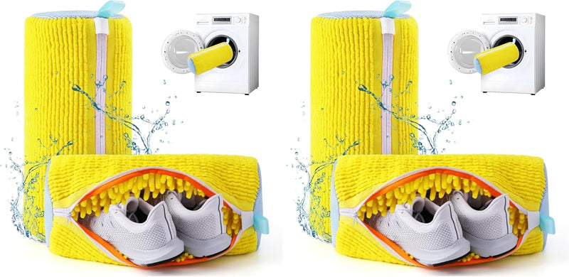 MOMENT Large Shoe Washing Machine Bag, 38x18cm Chenille Microfiber Sneaker Laundry Bag, 360 Scrubbing Deep Cleaning Reusable Shoe Washing Bags for Trainers, Sport Running Shoes (Yellow) - Yellow XL Large (Pack of 2)