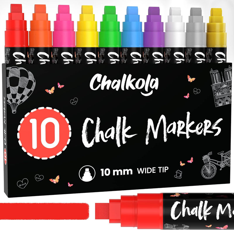 Chalkola Liquid Chalk Markers Erasable (10 Pack) w/Gold & Silver - Washable Paint Chalk Pens for Chalkboard Signs, Blackboard, Car Window, Bistro, Glass, Board - Neon Wet Wipe 6mm Reversible Bold Tip