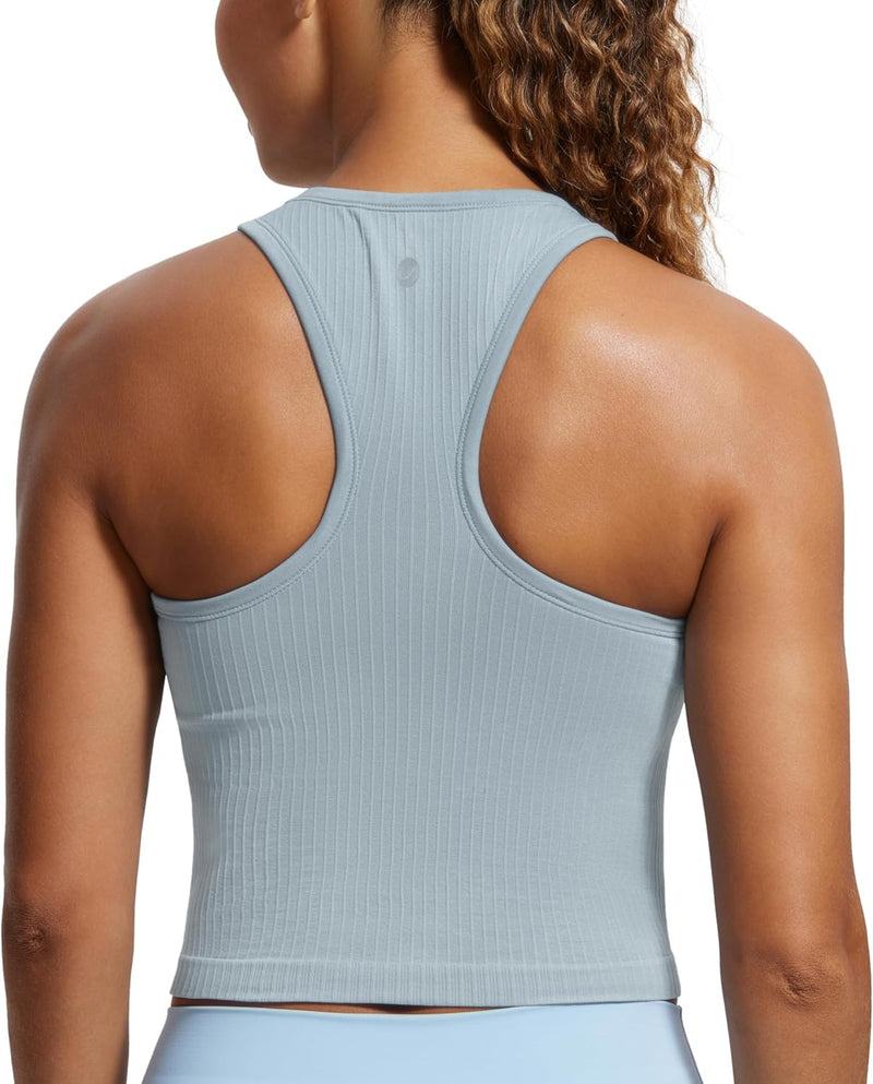 CRZ YOGA Womens Seamless Ribbed Longline High Neck Sports Bra - Racerback Padded Slim Fit Crop Tank Top with Built in Bra