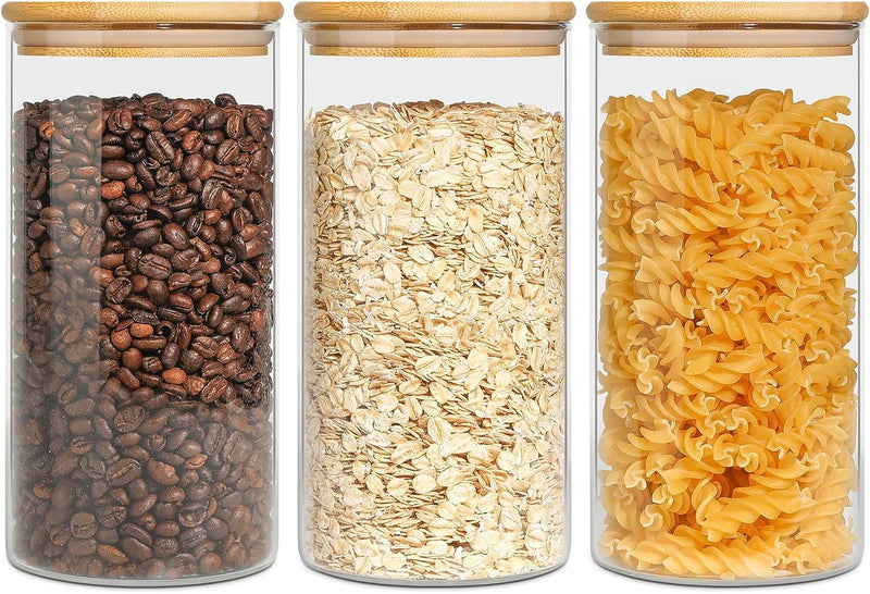 ComSaf Glass Food Storage Canisters with Lids Set of 3-30oz, BPA Free High Borosilicate Glass Cookies Jars with Sealing Bamboo Cover - 850ml Ã 3