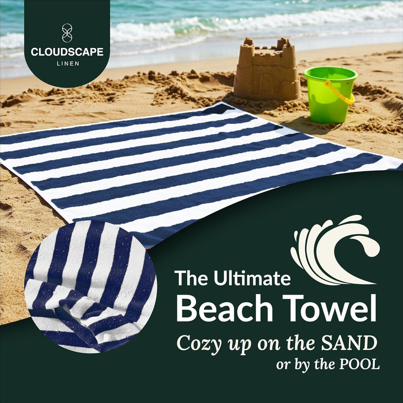 Cloud Scape Linen 2 Pcs Cabana Stripe Beach Towel Set, Oversized Soft Cotton Towel, Quick Dry and Highly Absorbent, Perfect for Beach, Picnic and Fitness, 76x152 cm, Blue