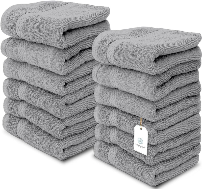 White Classic Luxury Cotton Washcloths - Small Hotel Spa Bathroom Face Towel | 12 Pack |