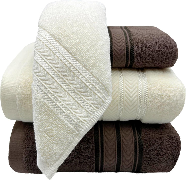 4 Pcs Pure Cotton Bath Towels Set70x140cm 2pcs 35x75cm 2pcs Soft AbsorbentQuick Drying Hotel Bathroom Travel Family SPA Dormitory and Home use Towels (Beige+Brown)
