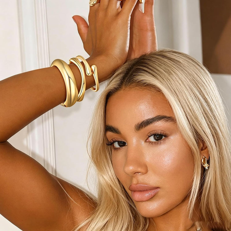 Chunky Gold Bangle Bracelets for Women Trendy 14K Gold Plated Cuff Bracelets Stack, Stackable Statement Bangles, Fashion Jewelry Set for Wedding, Party, Travel Women, Girls, Stylish Gift for Her, 3Pcs