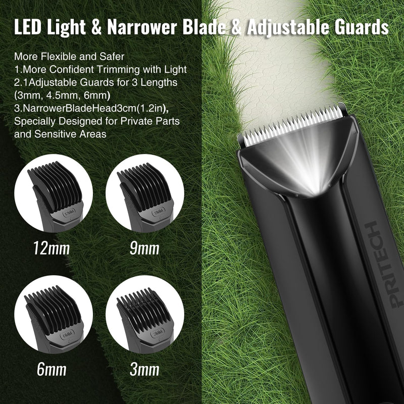 PRITECH Body Hair Trimmer for Men Pubic Hair Trimmer - Wet/Dry Ball Trimmer with Ceramic Blade, Rechargeable Body Groomer for Men with Standing Recharge Dock