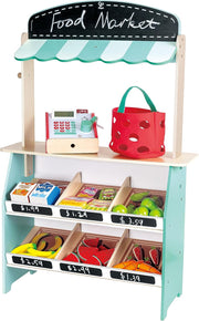 Hape Farmers Market Stall, Kitchen & Food Toys, Pretend Play for Kids Boys Girls, Wooden Toys, Non-Toxic Material, Mini Grocery Playset, Food Role Play, Accessories Included 62pcs, Ages 3Y+