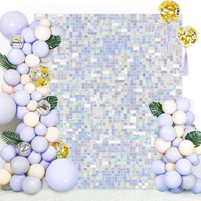 LuoluoHouse Shimmer Wall Panel Sequin Backdrop Panels 12 Packs-Iridescent Silver Backdrop for Graduation Anniversary Backdrop Wall Backdrops Engagement Decoration