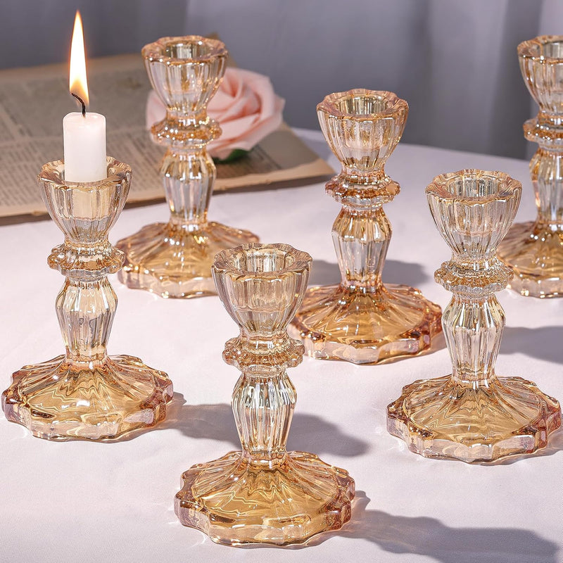 Simeitol Glass Candlestick Holders Bulk, 6PCS Crystal Taper Candle Holders Set, Gold Tall Candle Stick Holder Stand for DIY, Festival, Party, Table Decor