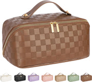 Large Capacity Travel Cosmetic Bag - Portable Makeup Bags for Women Waterproof PU Leather Checkered Makeup Organizer Bag with Dividers and Handle,Toiletry Bag for Cosmetics, brown - multi
