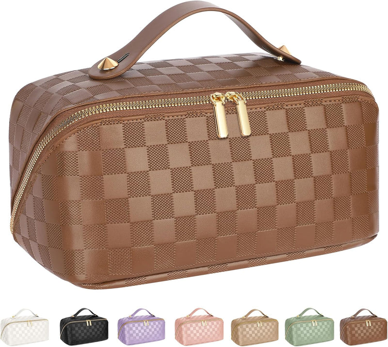Large Capacity Travel Cosmetic Bag - Portable Makeup Bags for Women Waterproof PU Leather Checkered Makeup Organizer Bag with Dividers and Handle,Toiletry Bag for Cosmetics, brown - multi