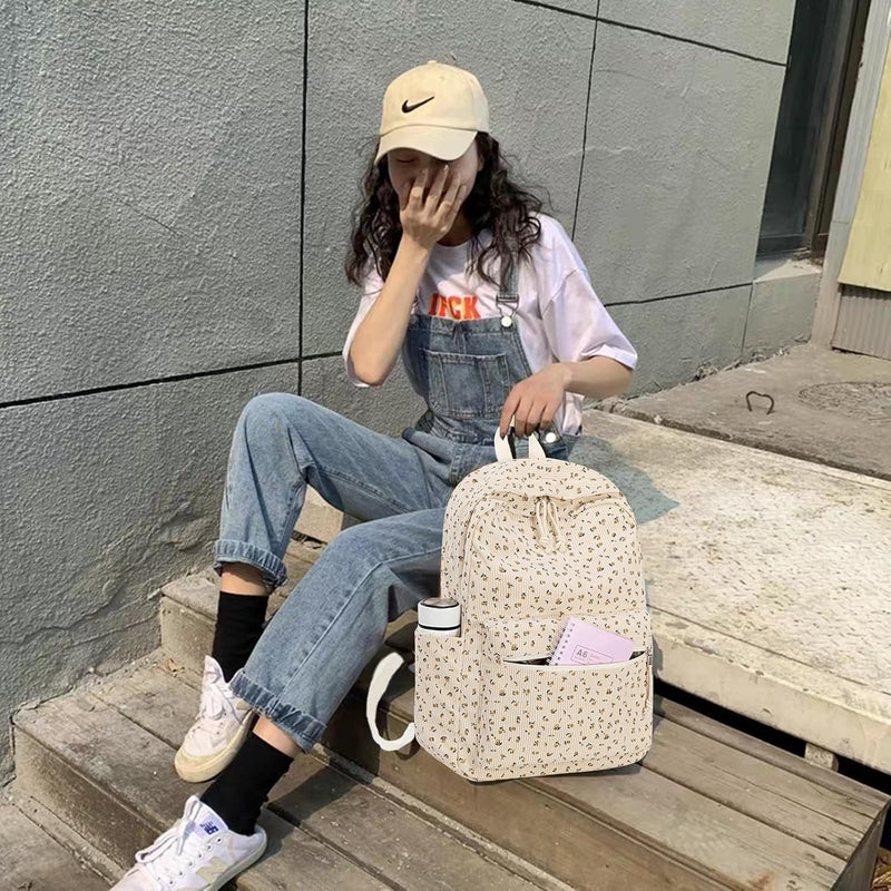 School Backpacks for Boys Girls Bookbag Teens Backpack Set Tote Shoulder Bag and Pencil Case - Corduroy- Floral Beige