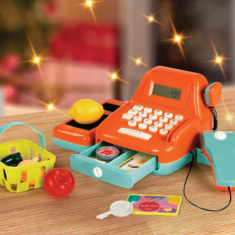 Battat Pretend Play Register Calculating Cash Register Kids Grocery Accessories Scanner & Sounds 3 Years + Cash Register - 26 Pcs
