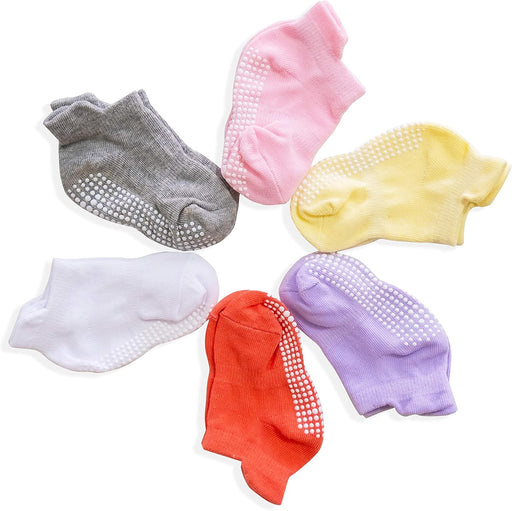 Unisex Kids Non Slip Ankle Socks For Infants 6 Picecs Non Slip Socks (pack of 6) - Multi(Purple/Red/Pink/White/Grey/Yellow)