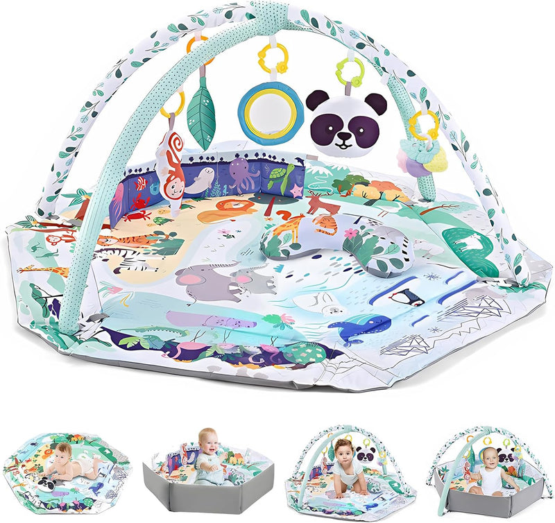 TFDER 7-in-1 Baby Play Gym, Infant Non-Slip Activity Blanket, Crawling Mat with Play Arch and Sensory Toys,Baby Toys 0+ Months,Black and White