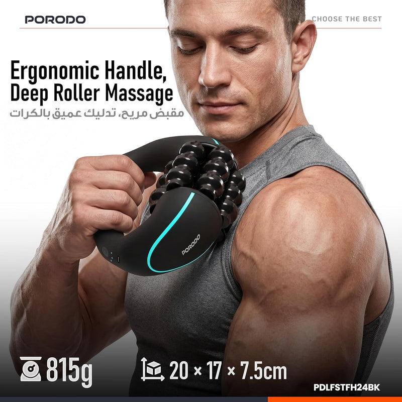 Porodo Relieva Electric Roller Massager, 3-Speed Cordless Muscle Massage Roller with 6 Free-Spinning Intensive Rollers, Handheld Ergonomic Deep Tissue Therapy Device for Leg, Arm, Neck Relief - Black