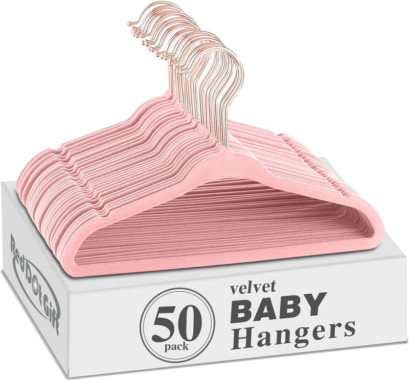 Red Dot Gift® 50 Pack Baby Velvet Hangers 11Inch/28cm - Nursery Clothes Hangers Non Slip Toddler Hangers, 360 Chrome Swivel Hook (White, 50)