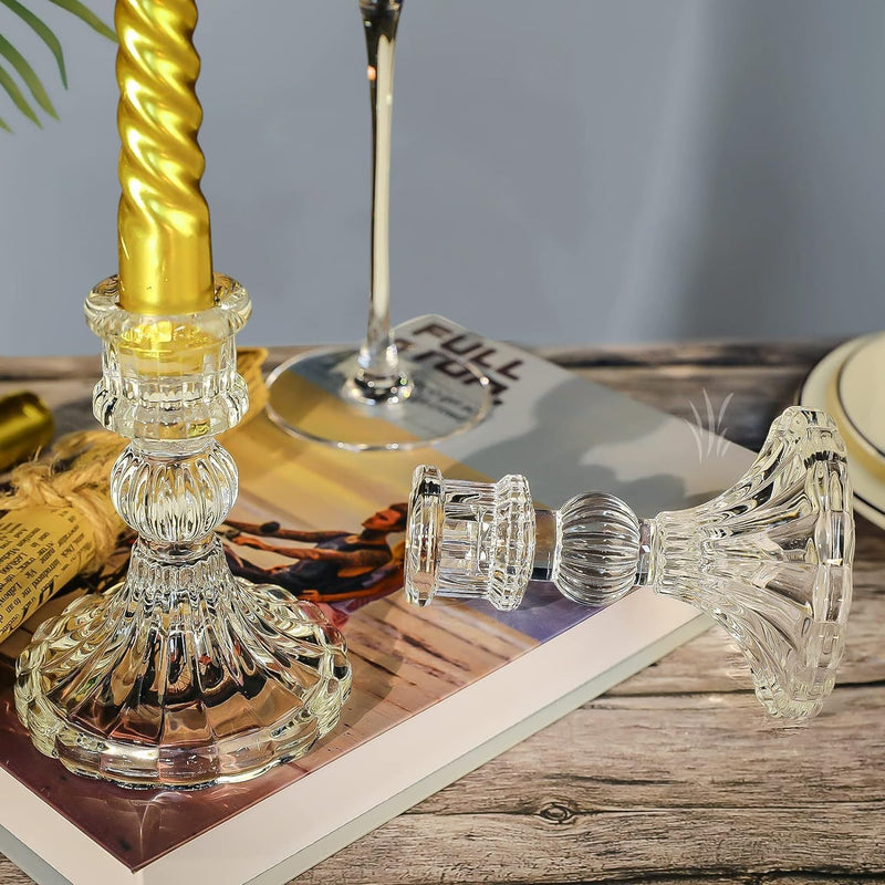 Angju Clear Glass Candlestick Holders,6 pcs Set Include Taper Candle Holders and Stripe Candle Holders,Two Style for Formal Events, Wedding, Festival,Church, Party & Festival Decoration