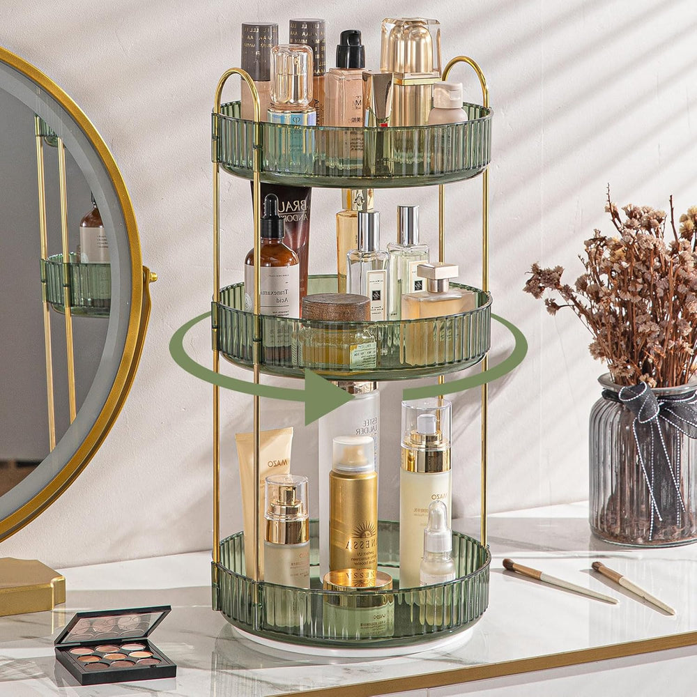 Rotating Makeup Organizer for Vanity 3 Tier, High-Capacity Skincare Clear Make Up Storage Perfume Organizers Cosmetic Dresser Organizer Countertop 360 SpinningGreen