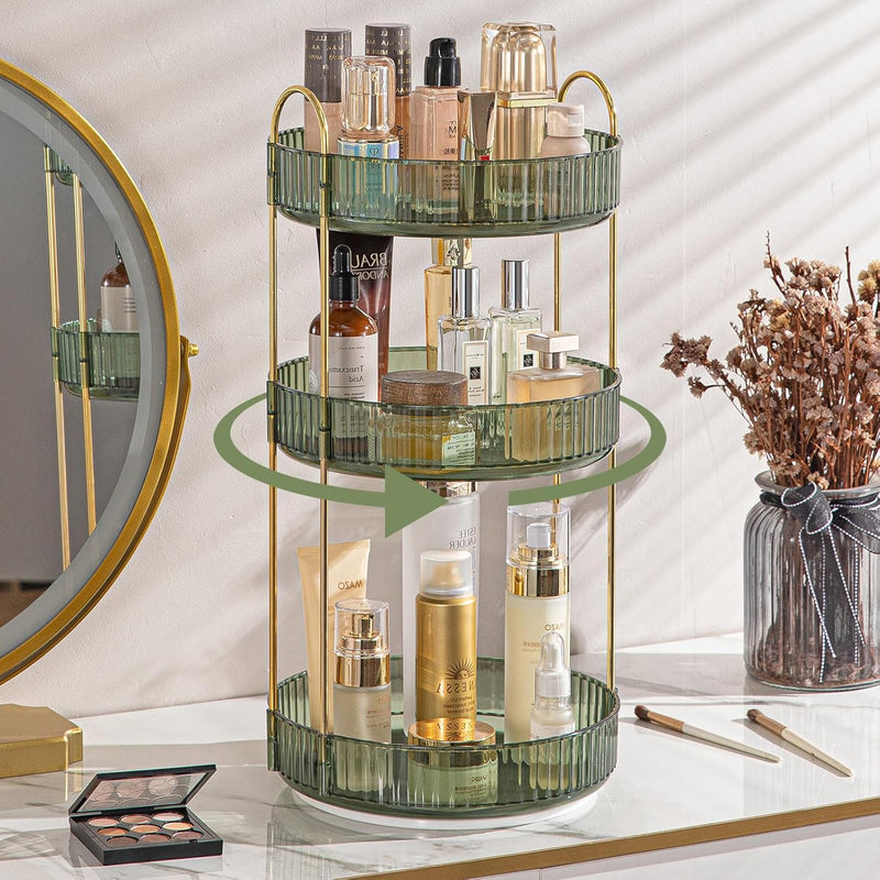 Rotating Makeup Organizer for Vanity 3 Tier, High-Capacity Skincare Clear Make Up Storage Perfume Organizers Cosmetic Dresser Organizer Countertop 360 SpinningGreen - Green 3 Tier