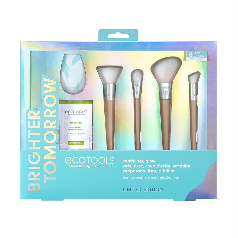 Ecotools Limited Edition Ready, Set, Glow Makeup Accessory & Cleansing Set - 6 Piece Blue Makeup Tool Gift for Wife, Daughter, or Girlfriend