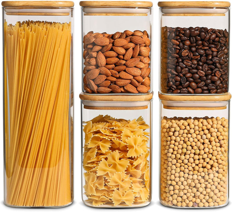 ComSaf Glass Spaghetti Pasta Storage Containers with Lids 71oz Set of 3, Tall Clear Airtight Food Storage Jar with Bamboo Lid for Noodles Flour Cereal Sugar Beans, Sqaure Spaghetti Pantry Container - 0.8 LÃ2/1.1 LÃ2/2.2 L