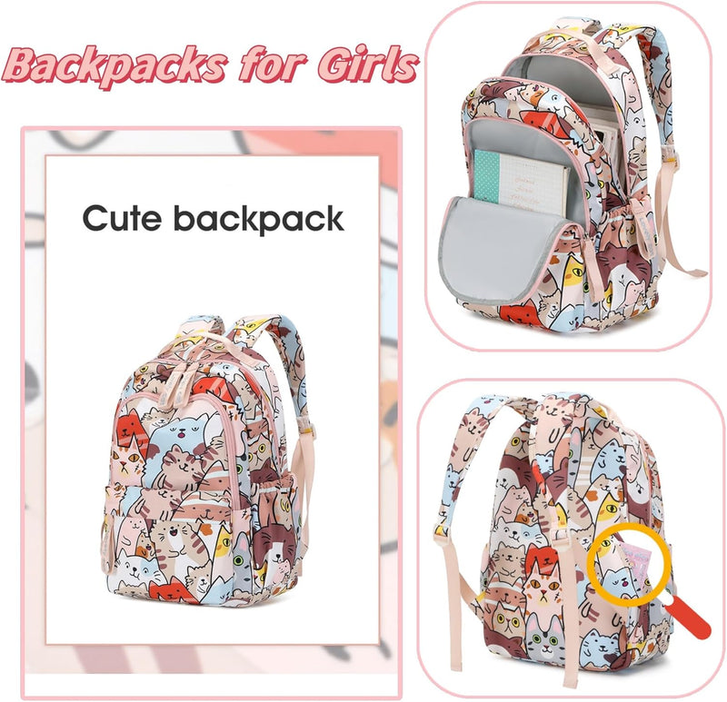 Mfikaryi Cute Cat Casual Daypack Teens Elementary School Backpack Students Bookbag for Girls Boysâ€¦