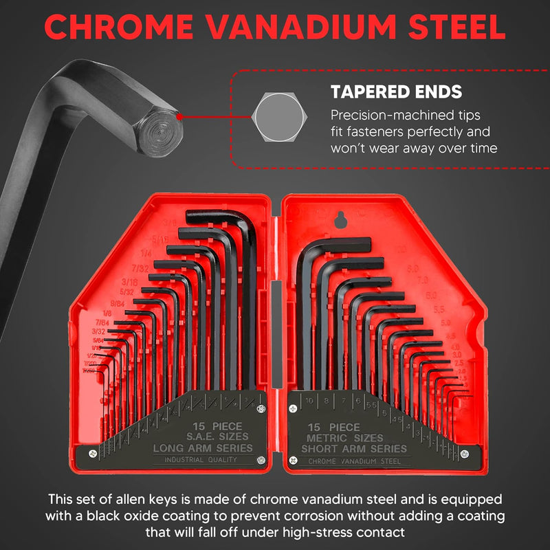 YIYITOOLS - HN-1-001 Hex Key Allen Wrench Set 30-Piece Industrial Grade Set Tools, 1/20-3/8 inches, 1.27-10 mm, Black and Silver - 30 PCs Wrench Set