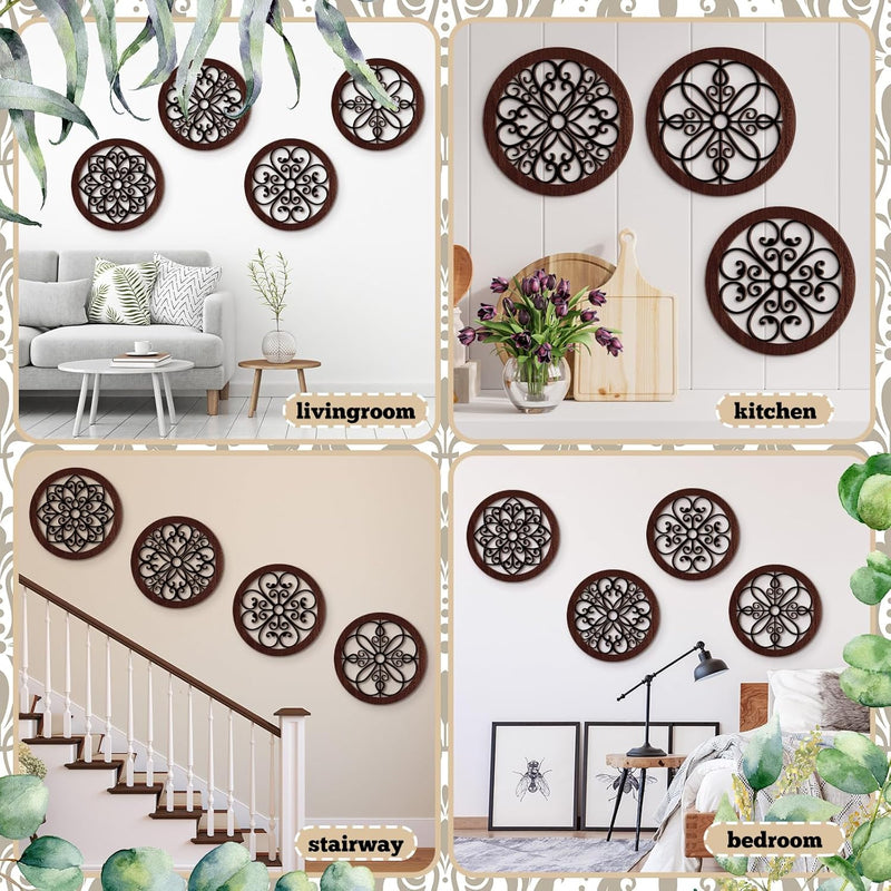Yulejo 4 Pcs Thicken Rustic Wall Decor Farmhouse Wall Art Wooden Hollow Carved Design Decor Rustic Round Wall Art for Living Room Bedroom Hallway Decor Kitchen Wall (Black, Brown,9.8 x 9.8 Inch)