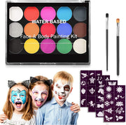 DELFINO Body Painting Face Paint Kit, 15 Color Non-Toxic Professional Palette Washable with Brush for Kids for Art Show Halloween Party Colsplay Makeup Body Festive Face Paint Kids