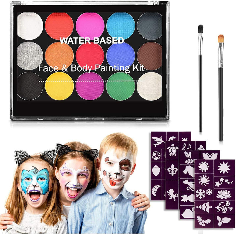 DELFINO Body Painting Face Paint Kit, 15 Color Non-Toxic Professional Palette Washable with Brush for Kids for Art Show Halloween Party Colsplay Makeup Body Festive Face Paint Kids